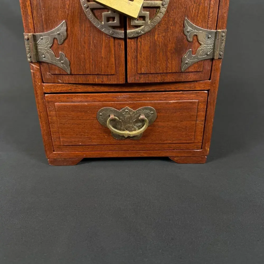 Vintage Chinese Dressing Case Jewelry Box Wood Brass Lined 4 Drawer